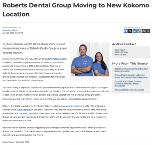 Roberts Dental Group announces plans to move to a new Kokomo office location. 